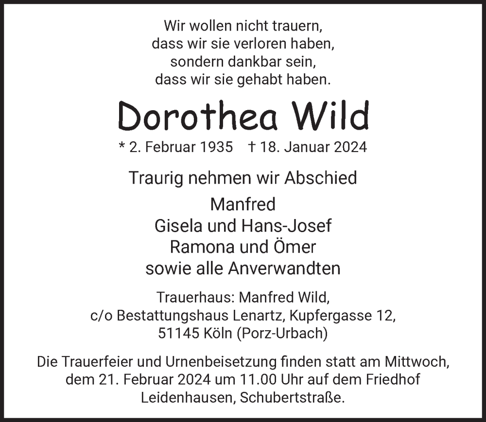  Traueranzeige für Dorothea Wild vom 16.02.2024 aus  EXPRESS - Die Woche 
