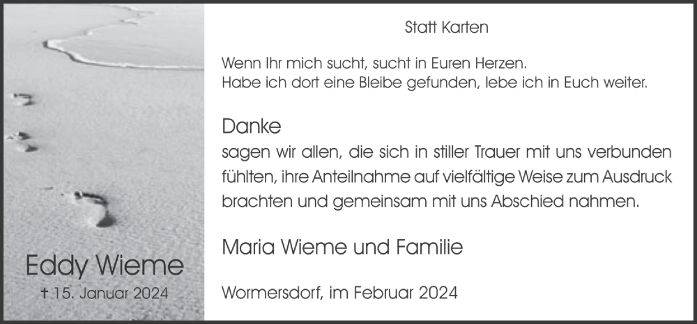  Traueranzeige für Eddy Wieme vom 01.03.2024 aus  Schaufenster/Blickpunkt 