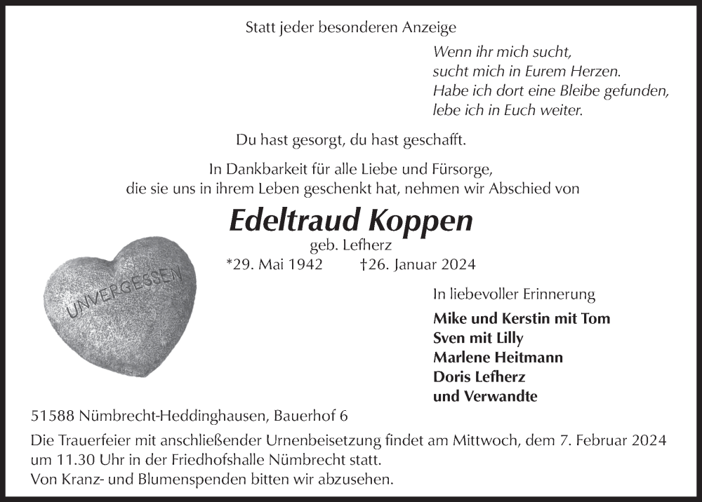  Traueranzeige für Edeltraud Koppen vom 02.02.2024 aus  Lokalanzeiger 