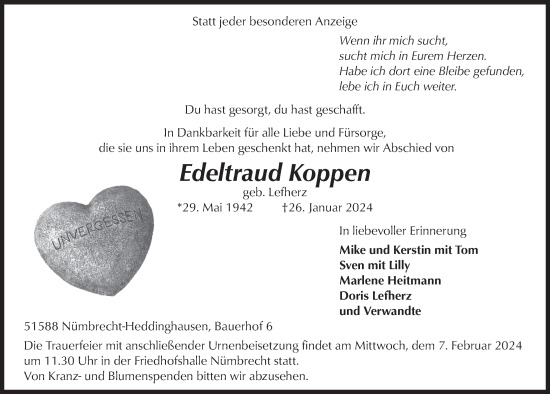 Anzeige von Edeltraud Koppen von  Lokalanzeiger 
