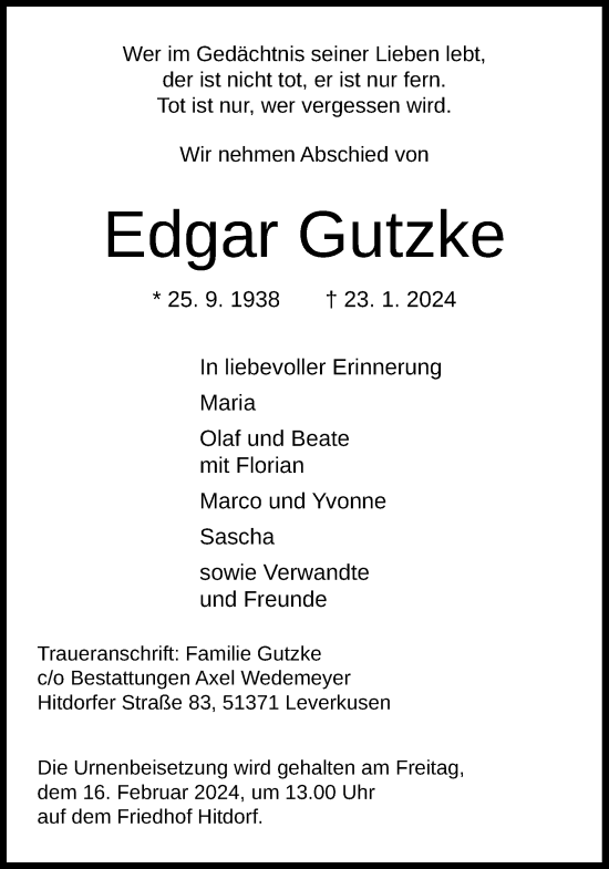 Anzeige von Edgar Gutzke von Kölner Stadt-Anzeiger / Kölnische Rundschau / Express