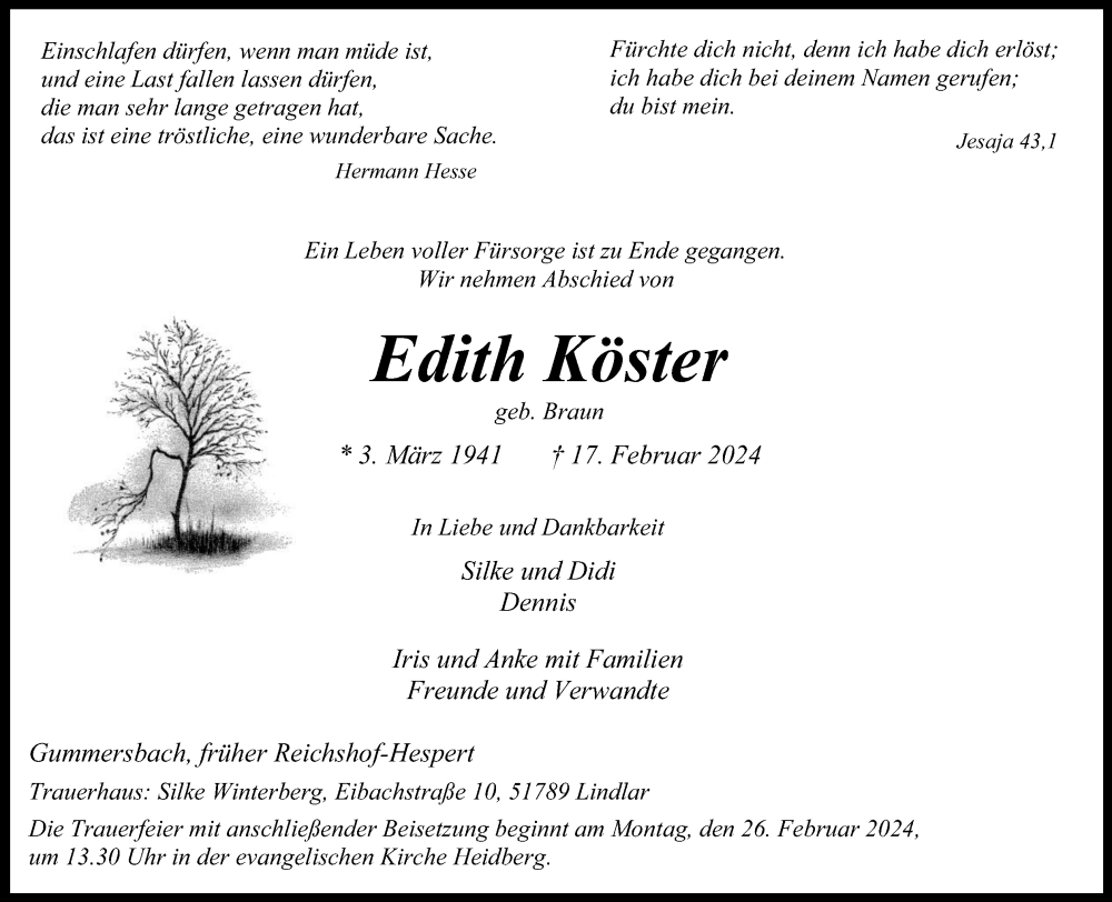 Traueranzeige für Edith Köster vom 21.02.2024 aus Kölner Stadt-Anzeiger / Kölnische Rundschau / Express