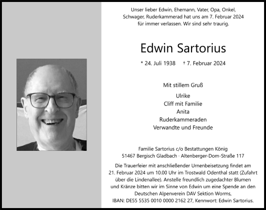 Anzeige von Edwin Sartorius von  Bergisches Handelsblatt 
