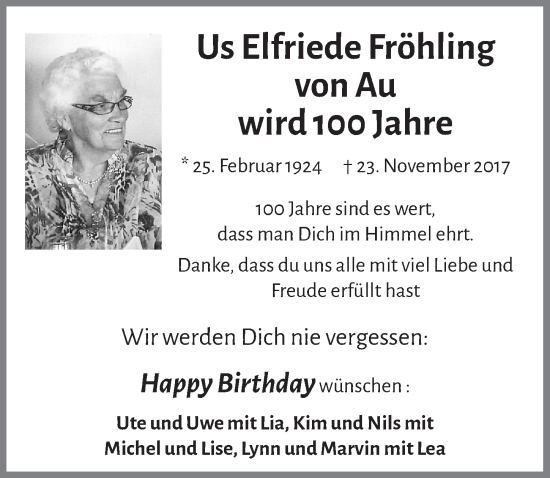 Anzeige von Elfriede Fröhling von Au von  Lokalanzeiger 
