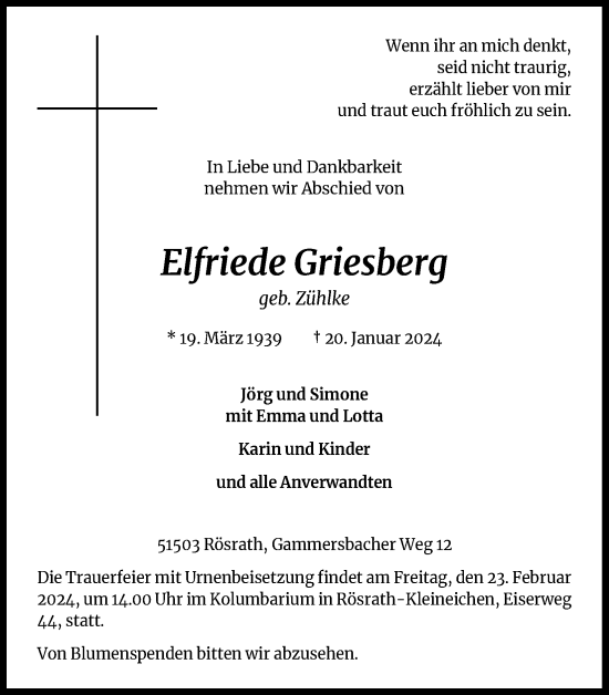 Anzeige von Elfriede Griesberg von Kölner Stadt-Anzeiger / Kölnische Rundschau / Express
