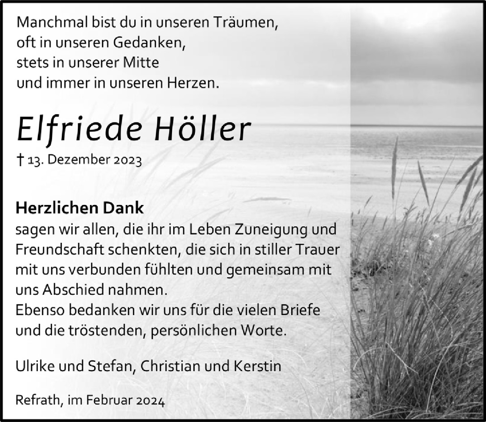  Traueranzeige für Elfriede Höller vom 02.02.2024 aus  Bergisches Handelsblatt 