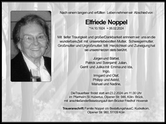 Anzeige von Elfriede Noppel von Kölner Stadt-Anzeiger / Kölnische Rundschau / Express