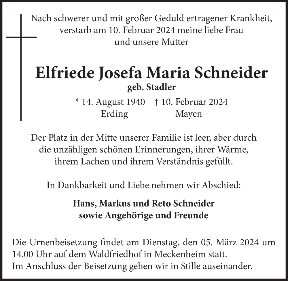  Traueranzeige für Elfriede Josefa Maria Schneider vom 01.03.2024 aus  Schaufenster/Blickpunkt 