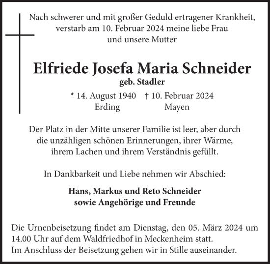 Anzeige von Elfriede Josefa Maria Schneider von  Schaufenster/Blickpunkt 