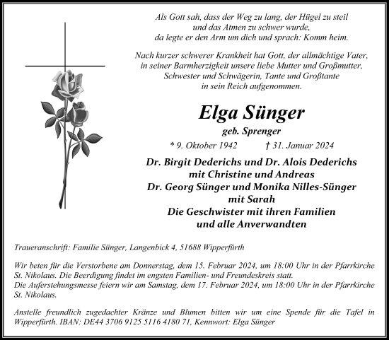 Anzeige von Elga Sünger von Kölner Stadt-Anzeiger / Kölnische Rundschau / Express