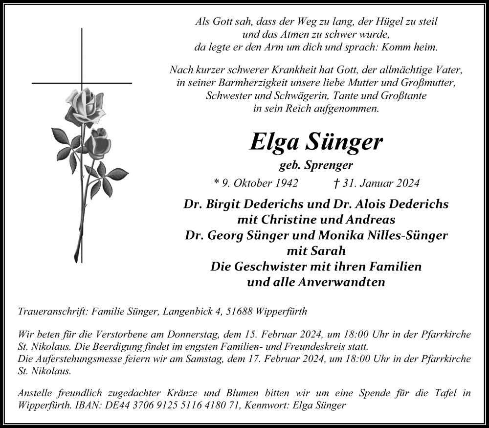 Traueranzeige für Elga Sünger vom 10.02.2024 aus Kölner Stadt-Anzeiger / Kölnische Rundschau / Express