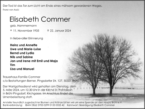 Anzeige von Elisabeth Commer von Kölner Stadt-Anzeiger / Kölnische Rundschau / Express