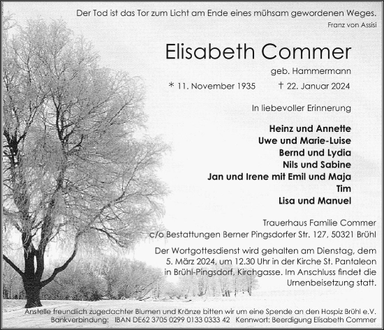 Anzeige von Elisabeth Commer von  Schlossbote/Werbekurier 