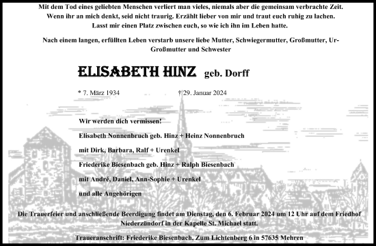 Anzeige von Elisabeth Hinz von Kölner Stadt-Anzeiger / Kölnische Rundschau / Express