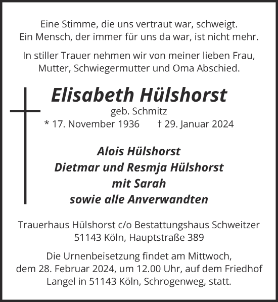 Anzeige von Elisabeth Hülshorst von  EXPRESS - Die Woche 
