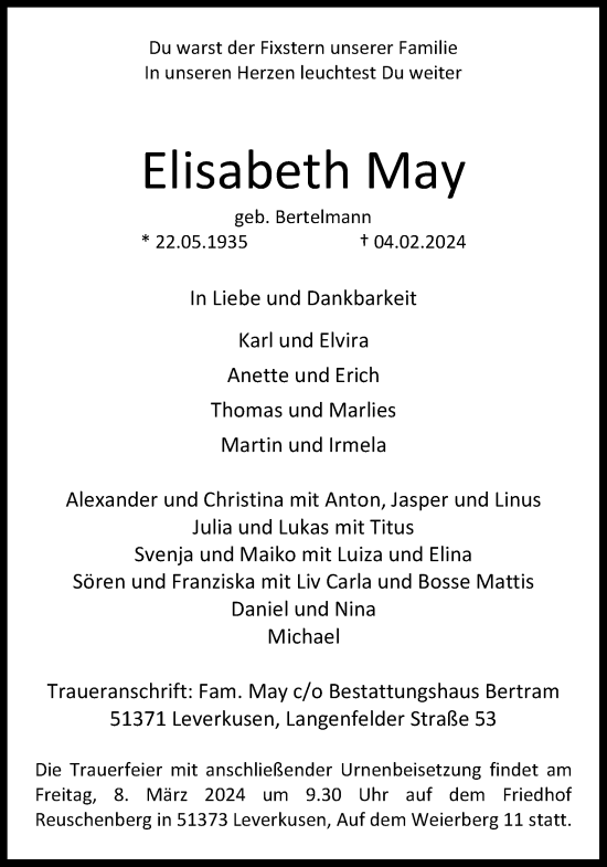 Anzeige von Elisabeth May von Kölner Stadt-Anzeiger / Kölnische Rundschau / Express