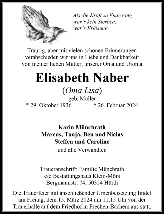Anzeige von Elisabeth Naber von  Wochenende 