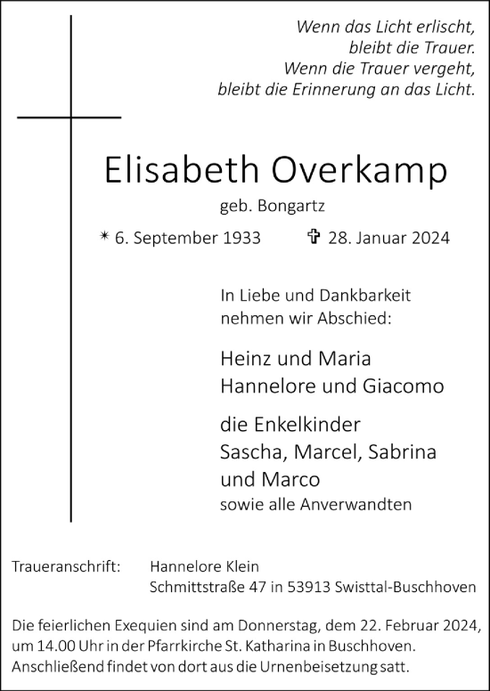 Anzeige von Elisabeth Overkamp von  Schaufenster/Blickpunkt 