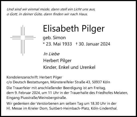 Anzeige von Elisabeth Pilger von Kölner Stadt-Anzeiger / Kölnische Rundschau / Express