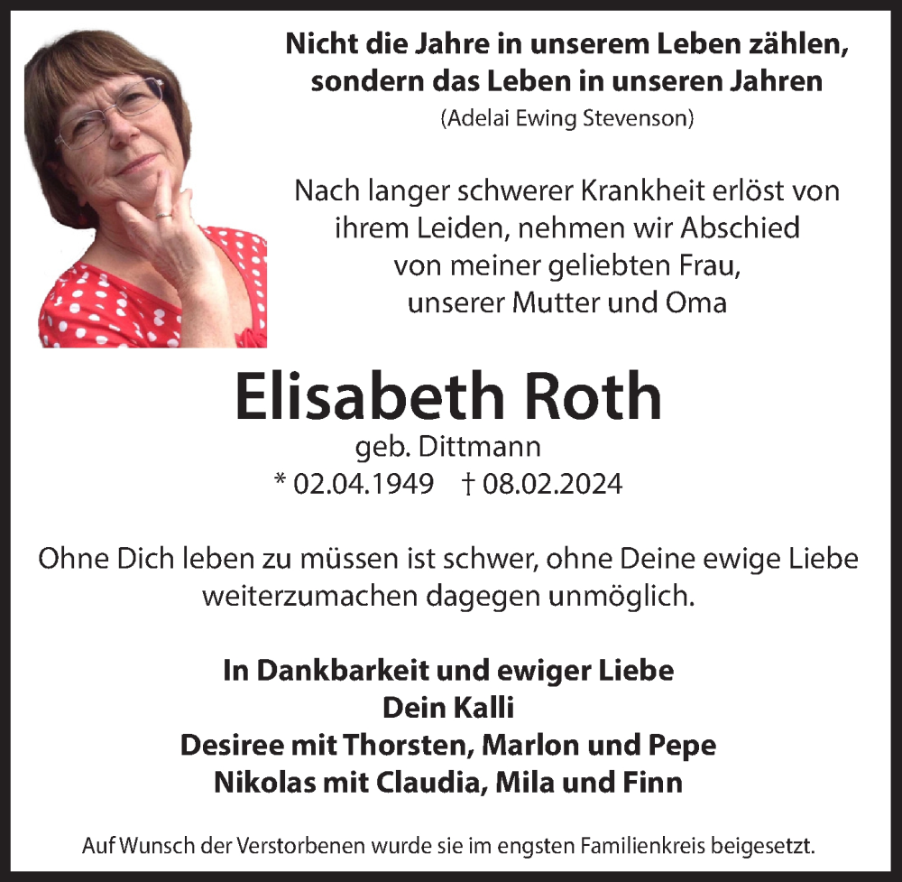  Traueranzeige für Elisabeth Roth vom 01.03.2024 aus  Bergisches Handelsblatt 