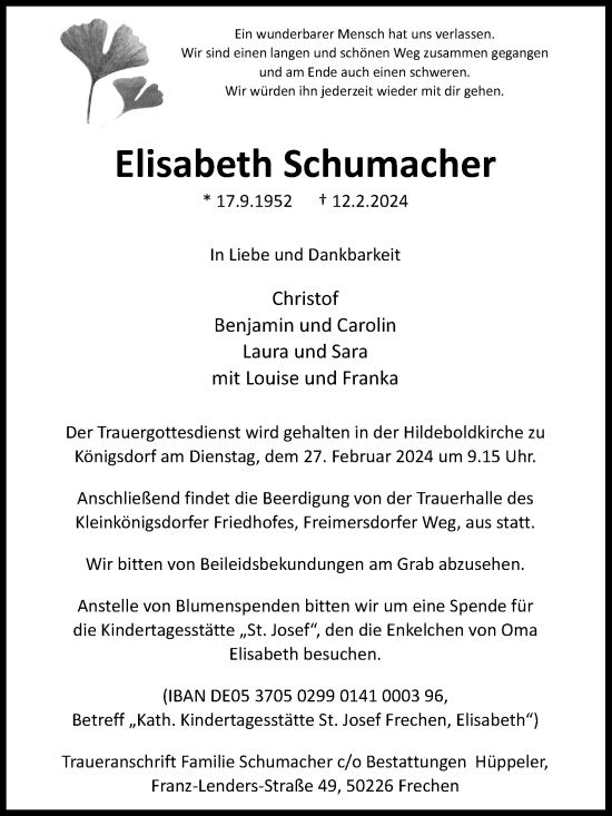 Anzeige von Elisabeth Schumacher von Kölner Stadt-Anzeiger / Kölnische Rundschau / Express