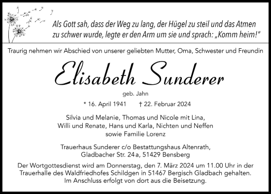 Anzeige von Elisabeth Sunderer von  Bergisches Handelsblatt 