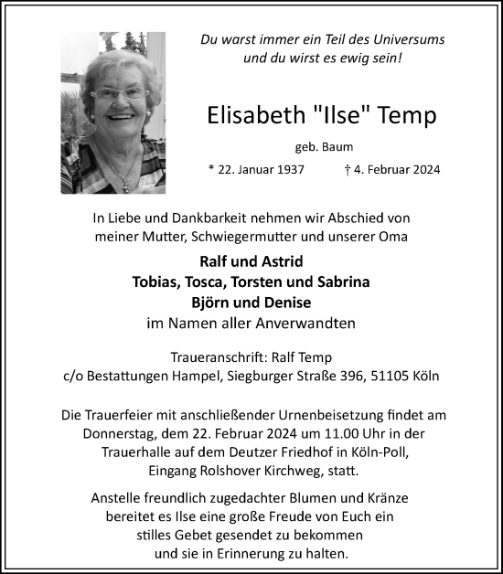 Anzeige von Elisabeth  Temp von Kölner Stadt-Anzeiger / Kölnische Rundschau / Express