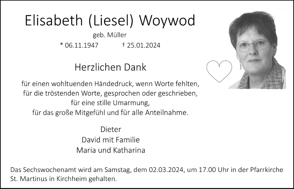  Traueranzeige für Elisabeth Woywod vom 24.02.2024 aus  Blickpunkt Euskirchen 