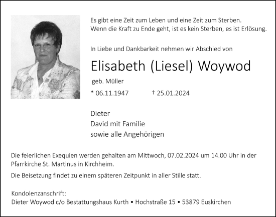 Anzeige von Elisabeth Woywod von  Blickpunkt Euskirchen 