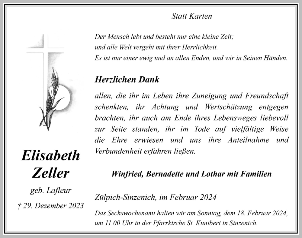  Traueranzeige für Elisabeth Zeller vom 03.02.2024 aus  Blickpunkt Euskirchen 