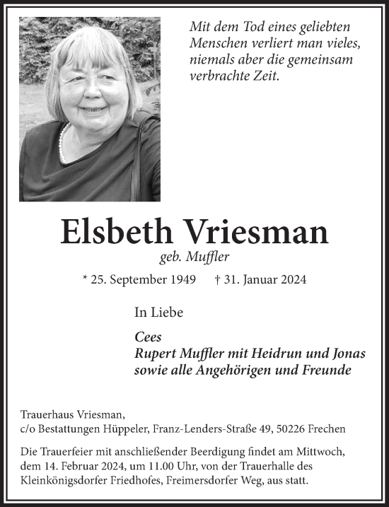 Anzeige von Elsbeth Vriesman von  Wochenende 