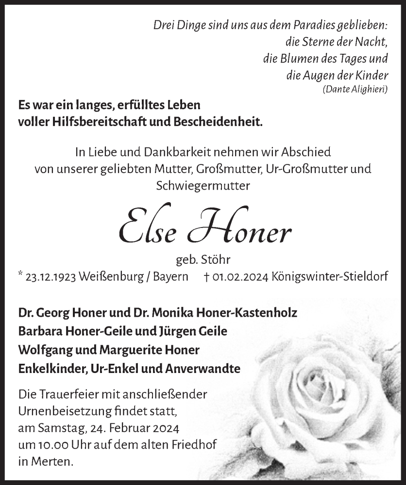  Traueranzeige für Else Honer vom 09.02.2024 aus  Schaufenster/Blickpunkt  Schlossbote/Werbekurier 