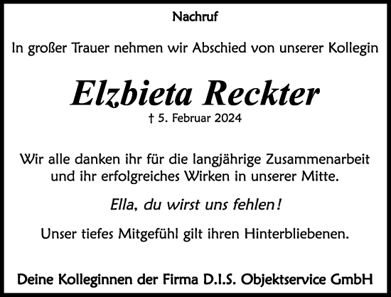 Anzeige von Elzbieta Reckter von Kölner Stadt-Anzeiger / Kölnische Rundschau / Express