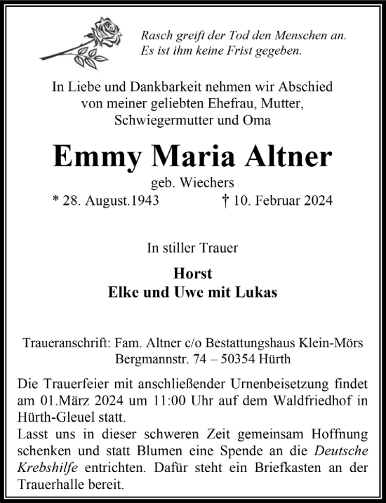 Anzeige von Emmy Maria Altner von  Wochenende 