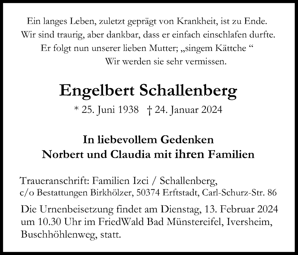  Traueranzeige für Engelbert Schallenberg vom 07.02.2024 aus Kölner Stadt-Anzeiger / Kölnische Rundschau / Express
