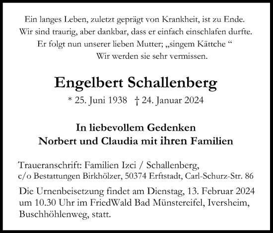 Anzeige von Engelbert Schallenberg von Kölner Stadt-Anzeiger / Kölnische Rundschau / Express