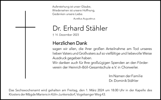 Anzeige von Erhard Stähler von Kölner Stadt-Anzeiger / Kölnische Rundschau / Express
