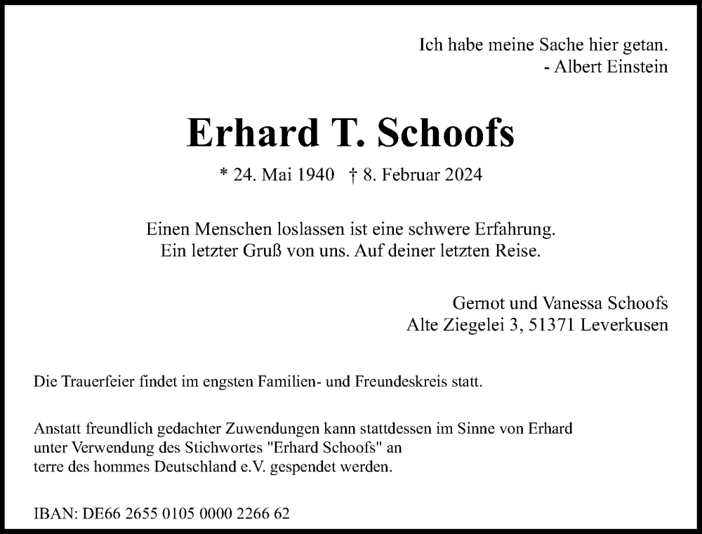  Traueranzeige für Erhard T. Schoofs vom 17.02.2024 aus Kölner Stadt-Anzeiger / Kölnische Rundschau / Express