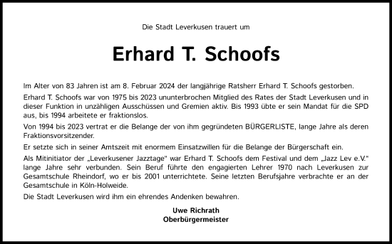 Anzeige von Erhard T. Schoofs von Kölner Stadt-Anzeiger / Kölnische Rundschau / Express