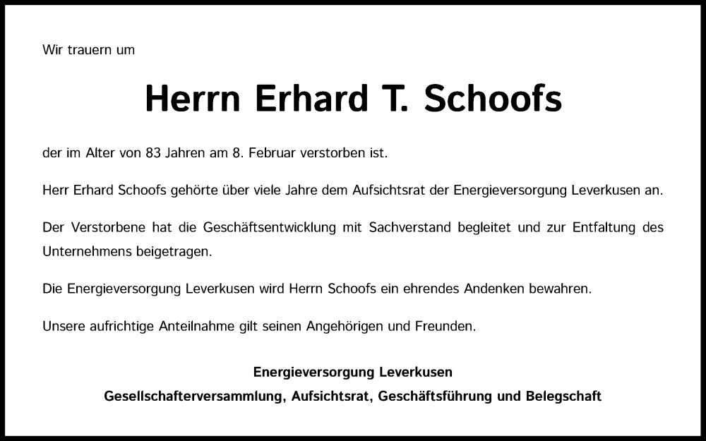  Traueranzeige für Erhard T. Schoofs vom 24.02.2024 aus Kölner Stadt-Anzeiger / Kölnische Rundschau / Express