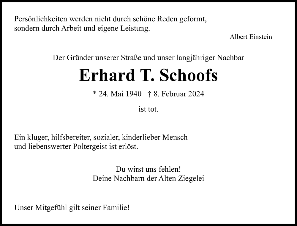  Traueranzeige für Erhard T. Schoofs vom 17.02.2024 aus Kölner Stadt-Anzeiger / Kölnische Rundschau / Express