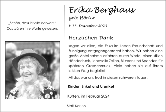 Anzeige von Erika Berghaus von  Bergisches Handelsblatt 