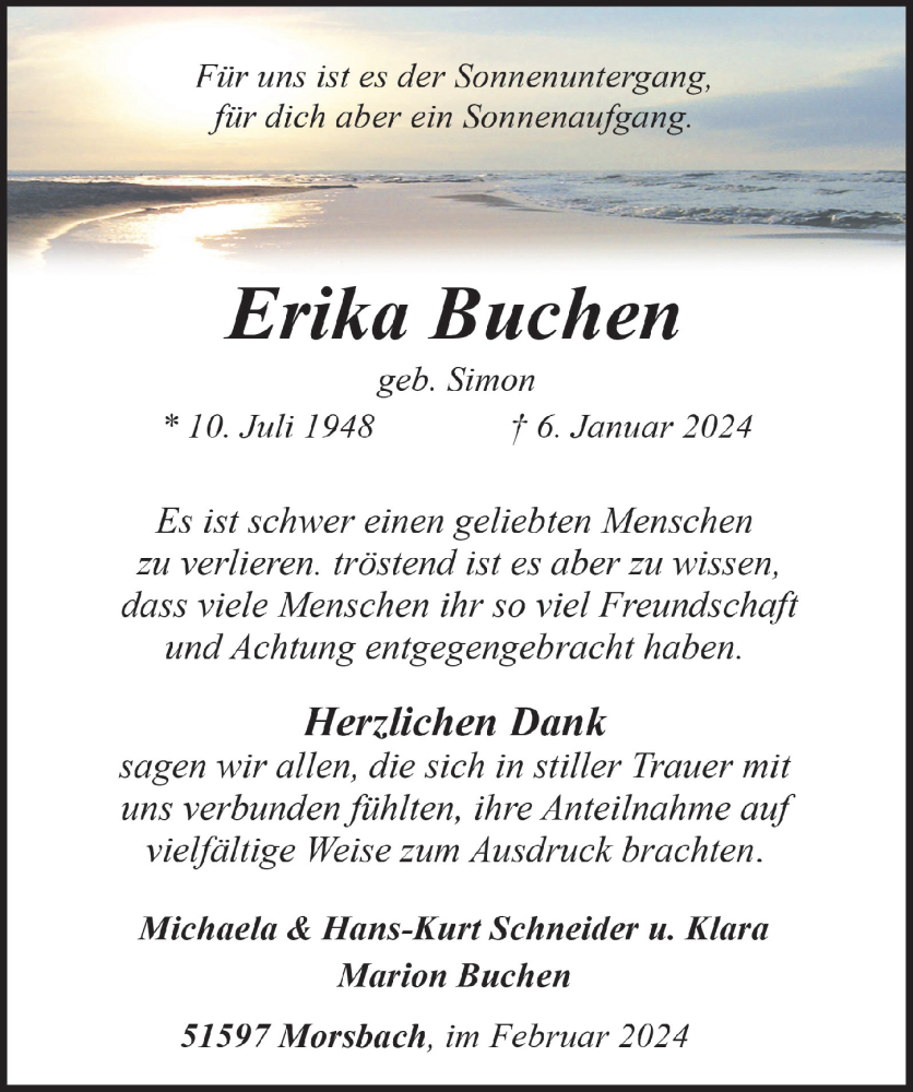  Traueranzeige für Erika Buchen vom 09.02.2024 aus  Lokalanzeiger 