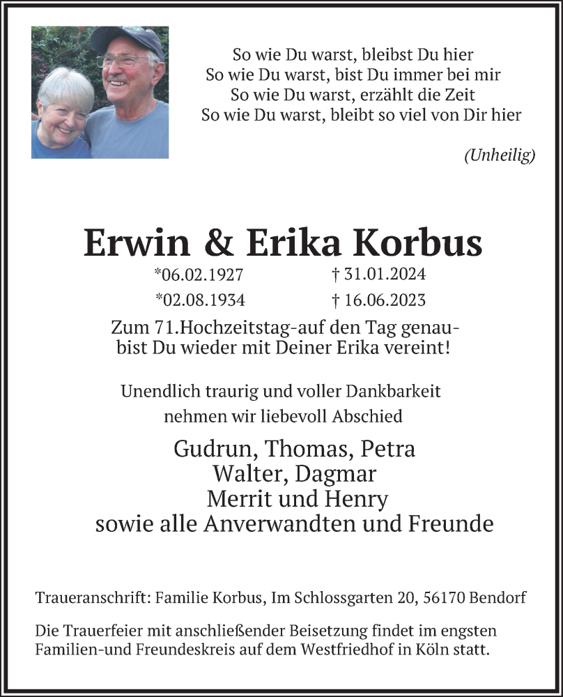  Traueranzeige für Erika Korbus vom 10.02.2024 aus Kölner Stadt-Anzeiger / Kölnische Rundschau / Express