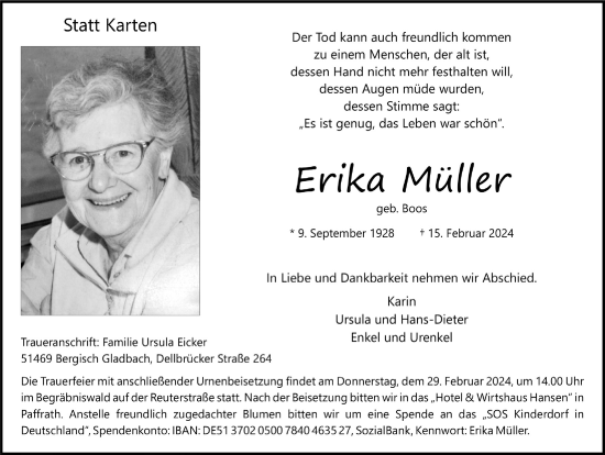 Anzeige von Erika Müller von  Bergisches Handelsblatt 