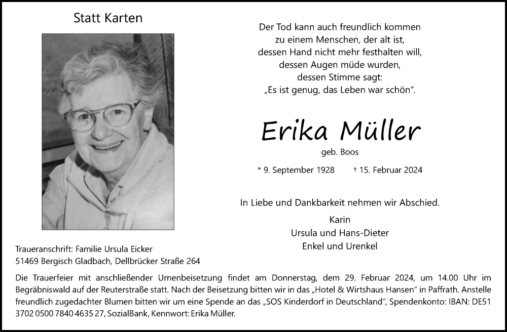  Traueranzeige für Erika Müller vom 24.02.2024 aus Kölner Stadt-Anzeiger / Kölnische Rundschau / Express