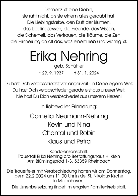Anzeige von Erika Nehring von  Schaufenster/Blickpunkt 