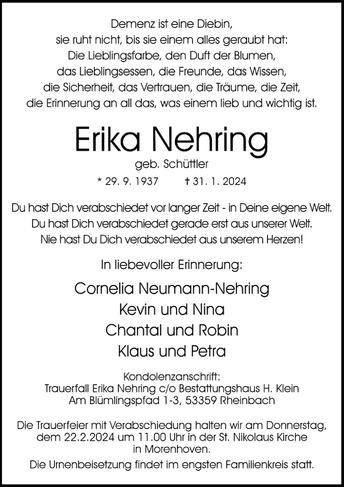 Traueranzeige für Erika Nehring vom 16.02.2024 aus  Schaufenster/Blickpunkt 