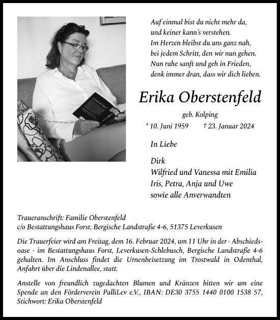 Anzeige von Erika Oberstenfeld von Kölner Stadt-Anzeiger / Kölnische Rundschau / Express