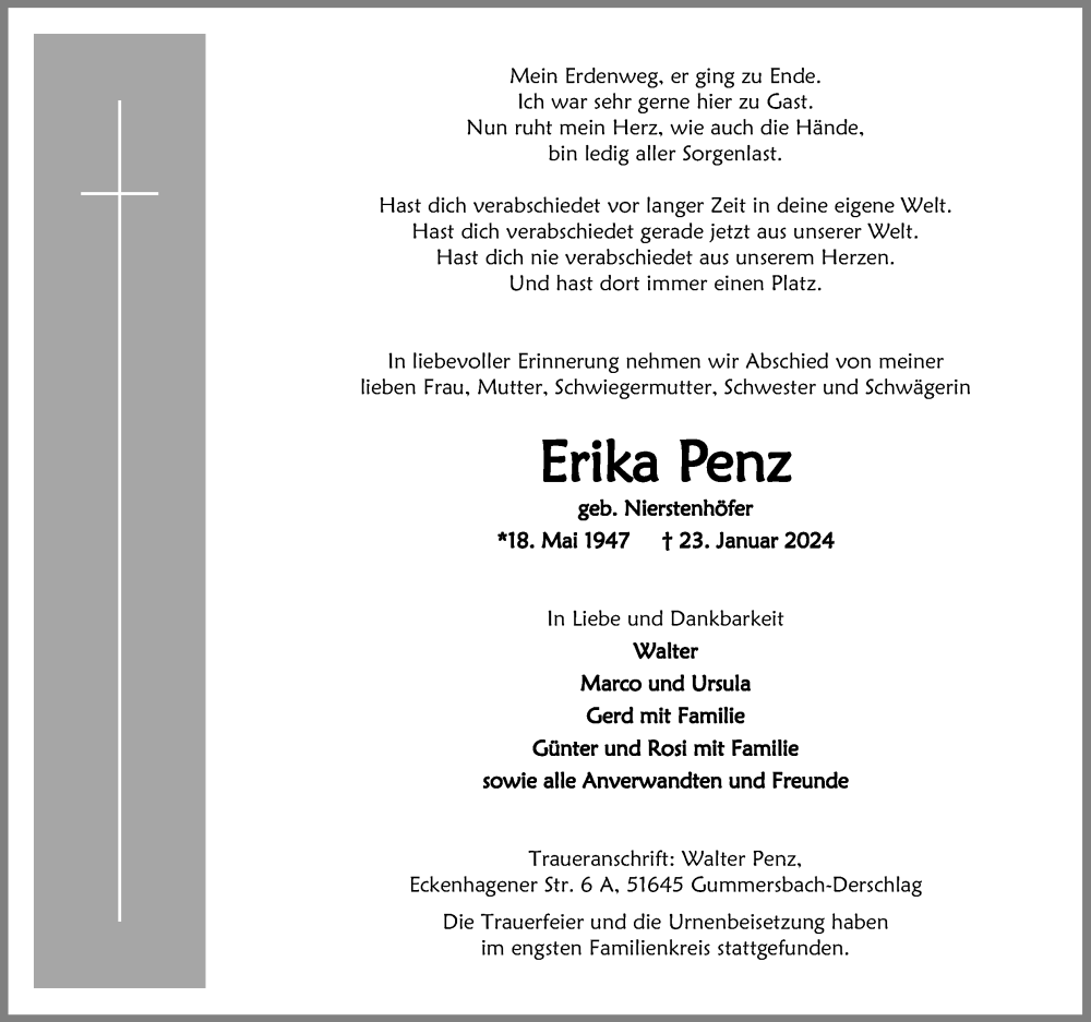  Traueranzeige für Erika Penz vom 10.02.2024 aus Kölner Stadt-Anzeiger / Kölnische Rundschau / Express